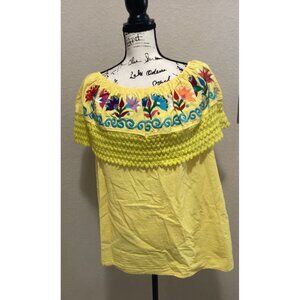 YZXDORWJ Off-Shoulder Embroidered Blouse W/Floral Design & Crochet Ruffle Trim